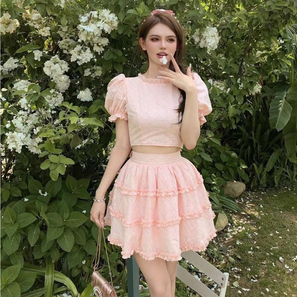 Pastel Peach Pink Himekaji Cottage Puff Sleeved 2-piece Crop TopMini Skirt Set